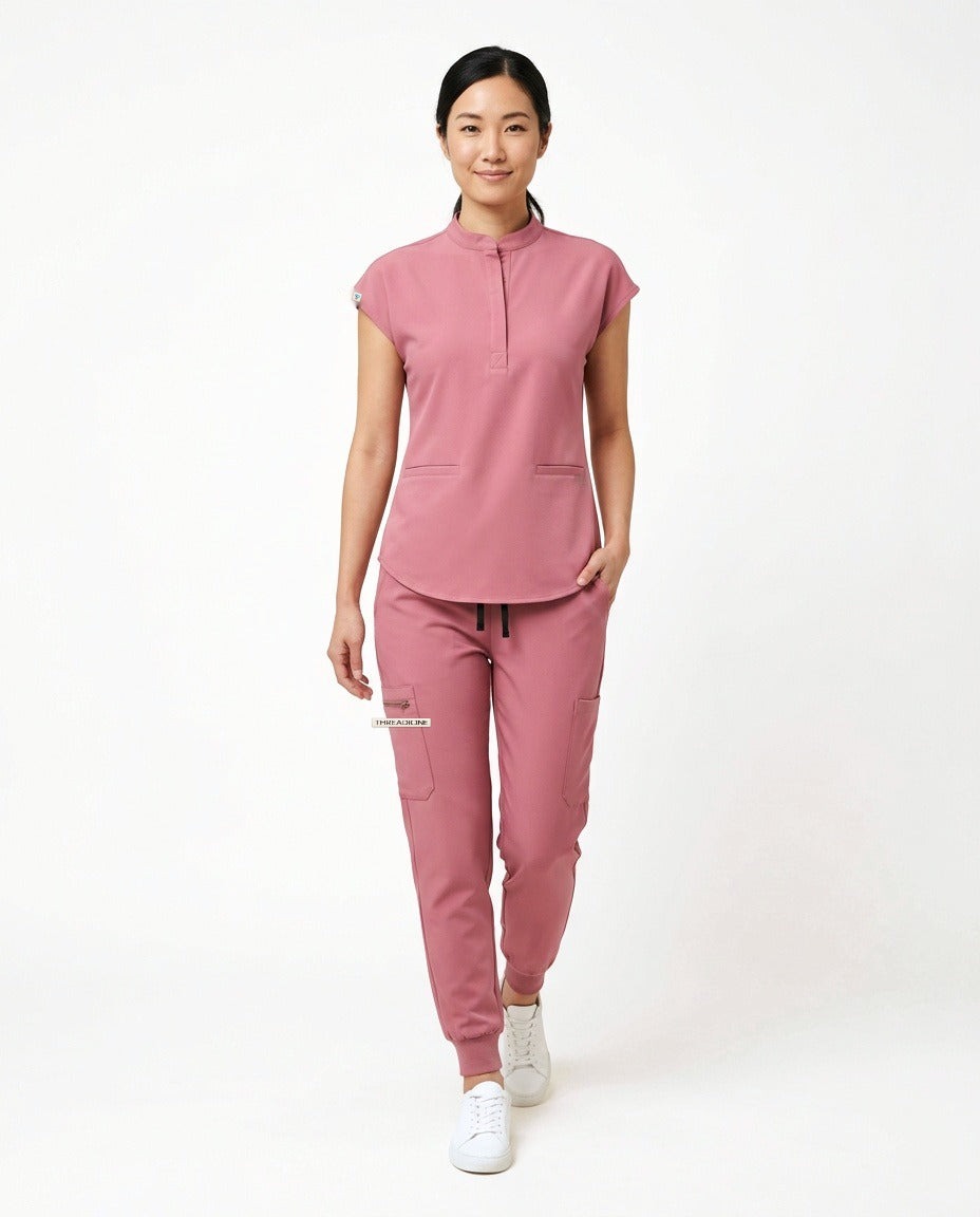 Women's Contour mandarin-collar top and Motive jogger pants scrub set in Pink – front view | Threadicine