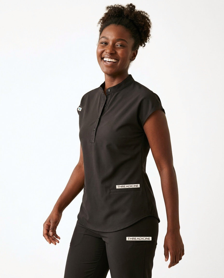 Women's Contour mandarin-collar top scrubs in Black – front view | Threadicine