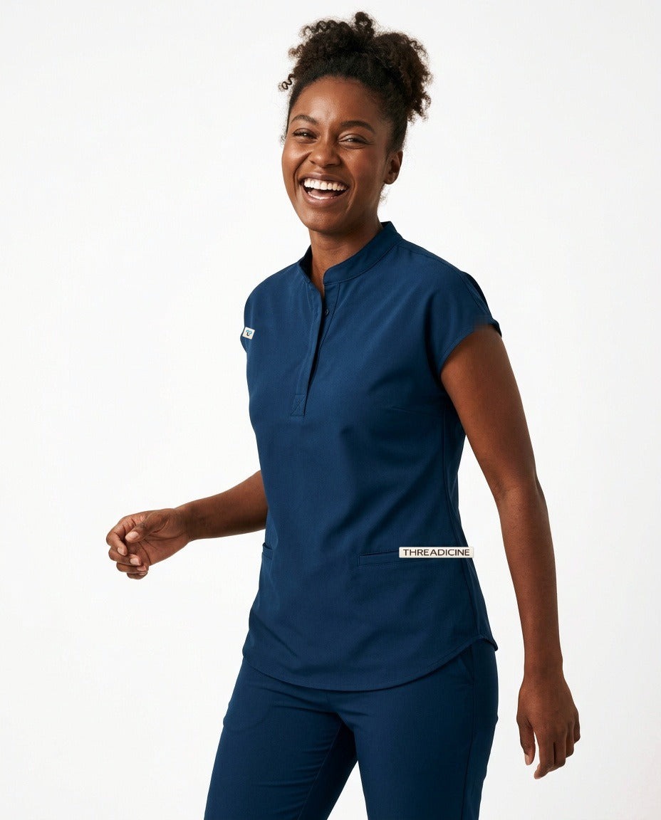 Women's Contour mandarin-collar top scrubs in Blue – front view | Threadicine
