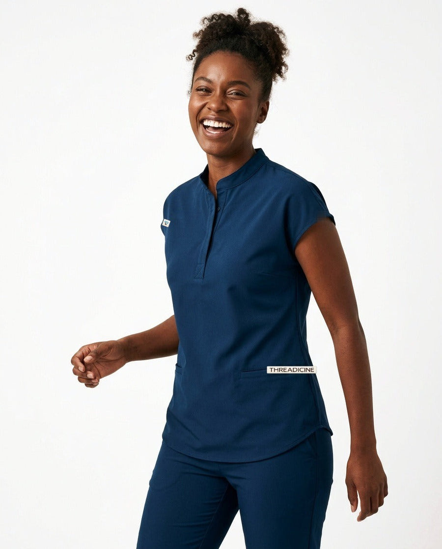 Women's Contour mandarin-collar top scrubs in Blue – front view | Threadicine