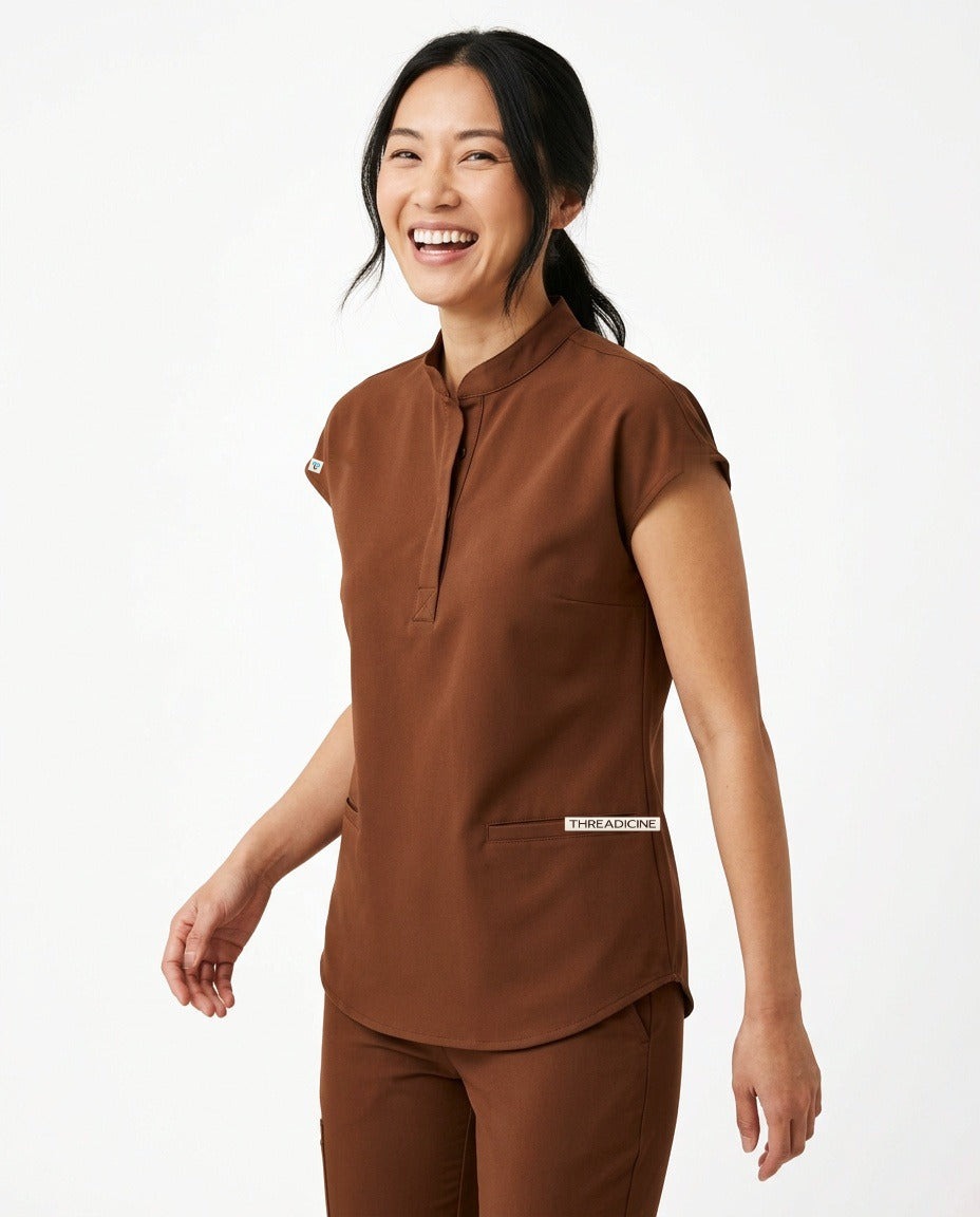 Women's Contour mandarin-collar top scrubs in Brown – front view | Threadicine