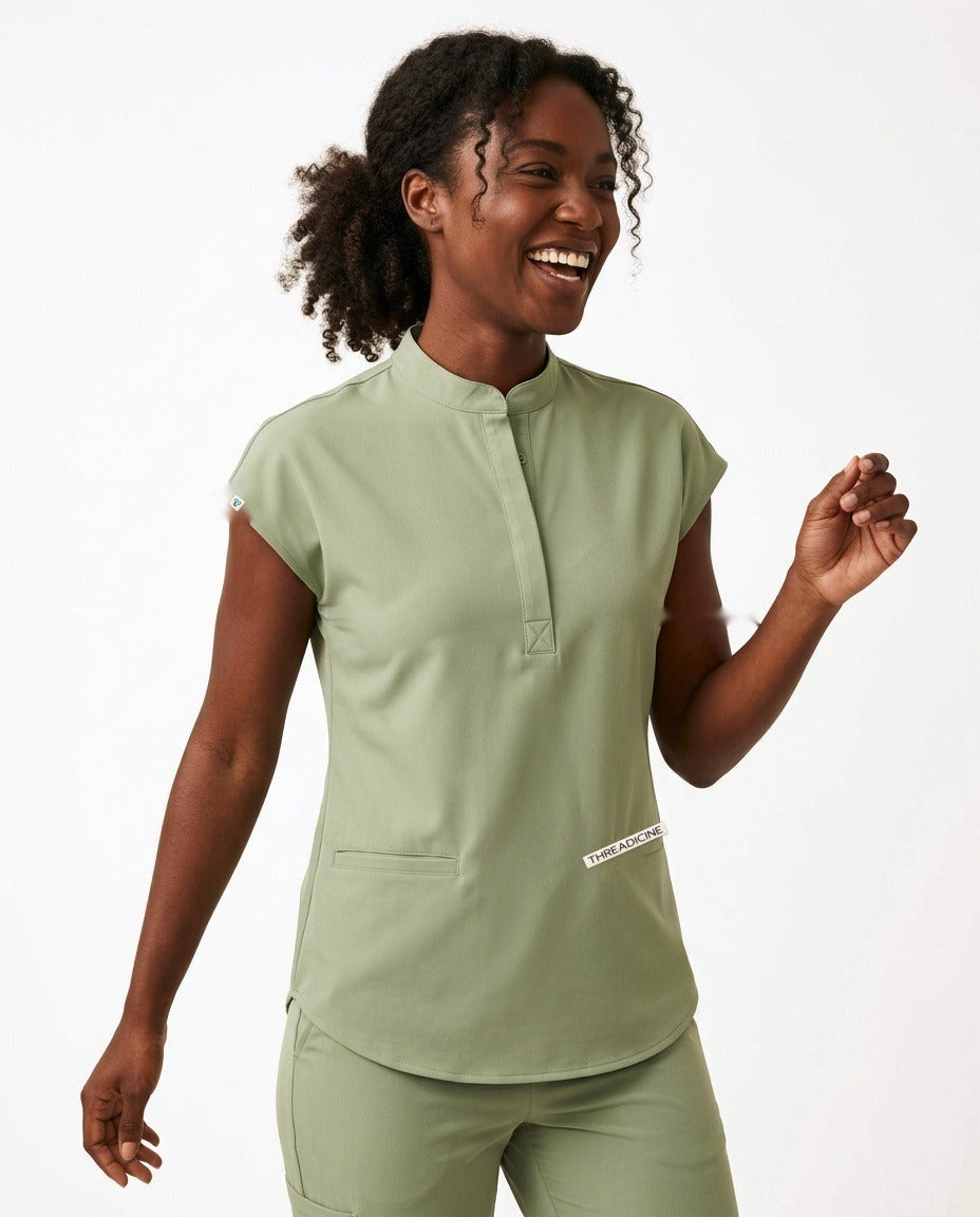 Women's Contour mandarin-collar top scrubs in Matcha – front view | Threadicine