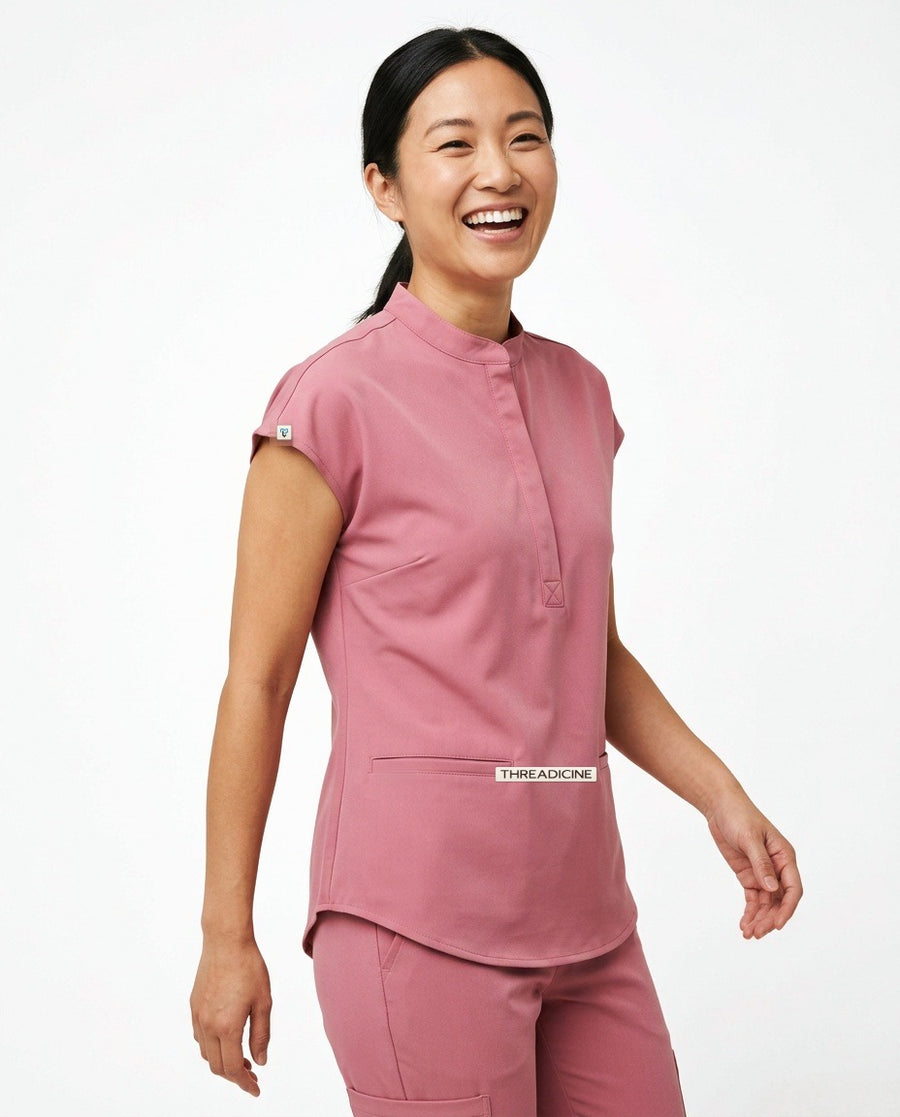 Women's Contour mandarin-collar top scrubs in Pink – front view | Threadicine