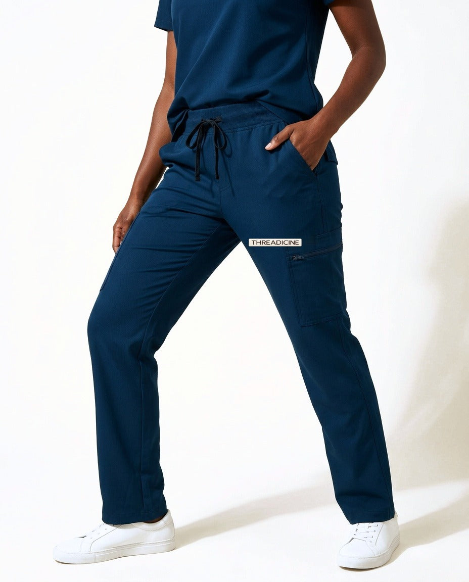 Women's Linea straight-leg pants scrubs in Blue – front view | Threadicine