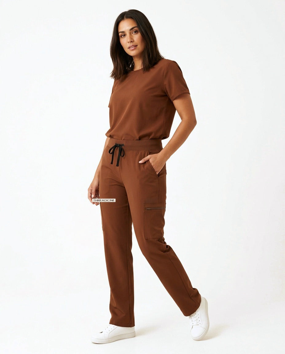 Women's Linea straight-leg pants scrubs in Brown – front view | Threadicine