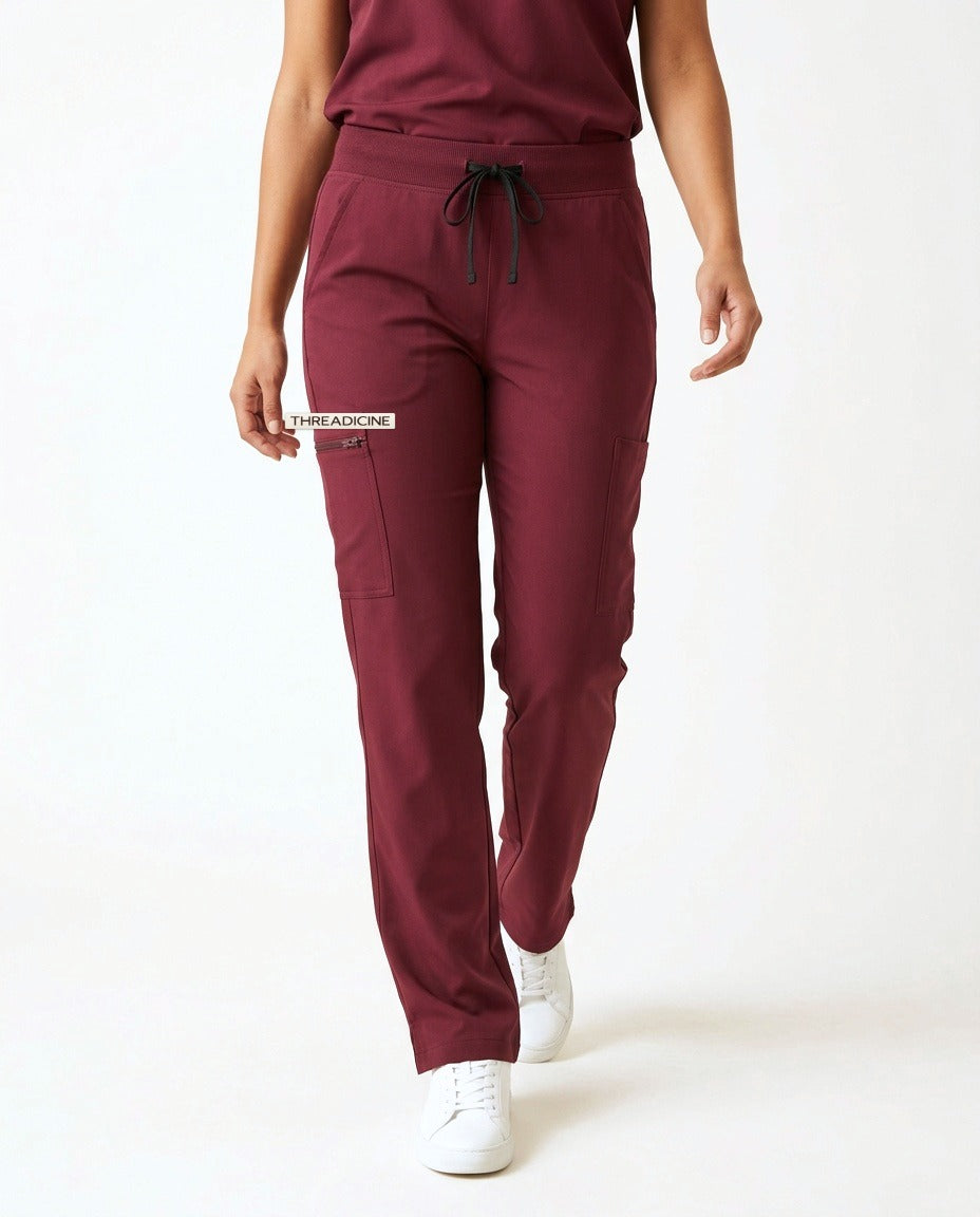 Women's Linea straight-leg pants scrubs in Burgundy – front view | Threadicine