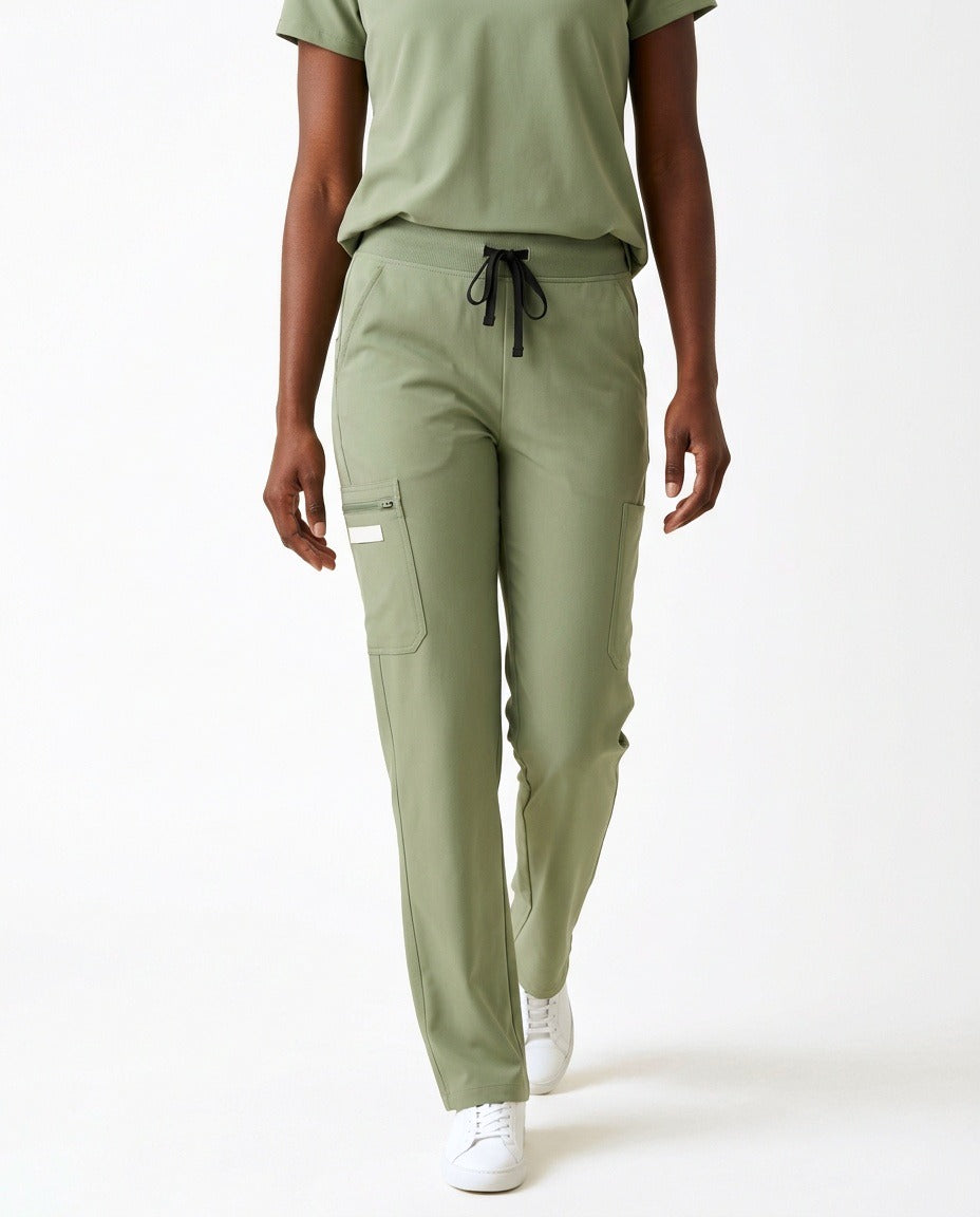Women's Linea straight-leg pants scrubs in Matcha – front view | Threadicine