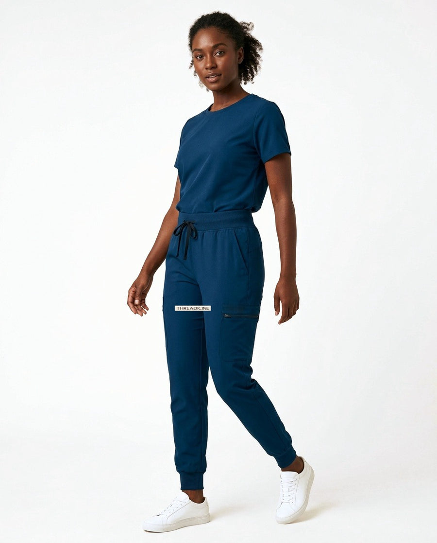 Women's Motive jogger pants scrubs in Blue – front view | Threadicine
