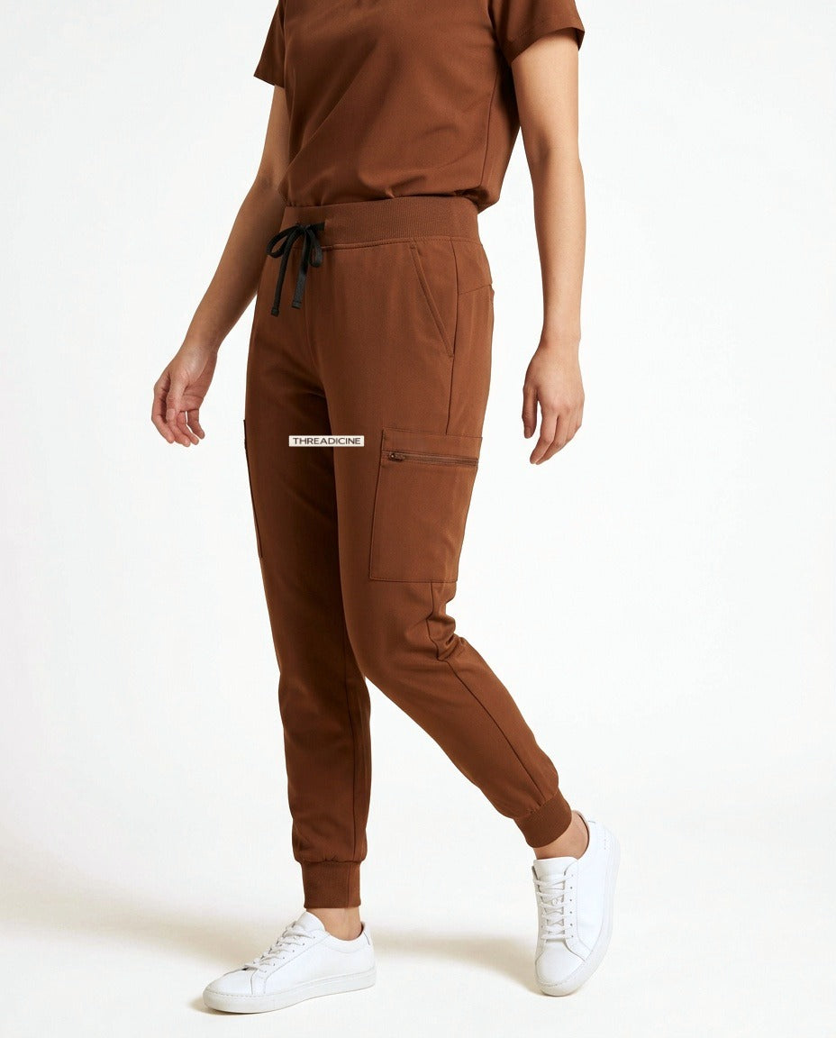 Women's Motive jogger pants scrubs in Brown – front view | Threadicine
