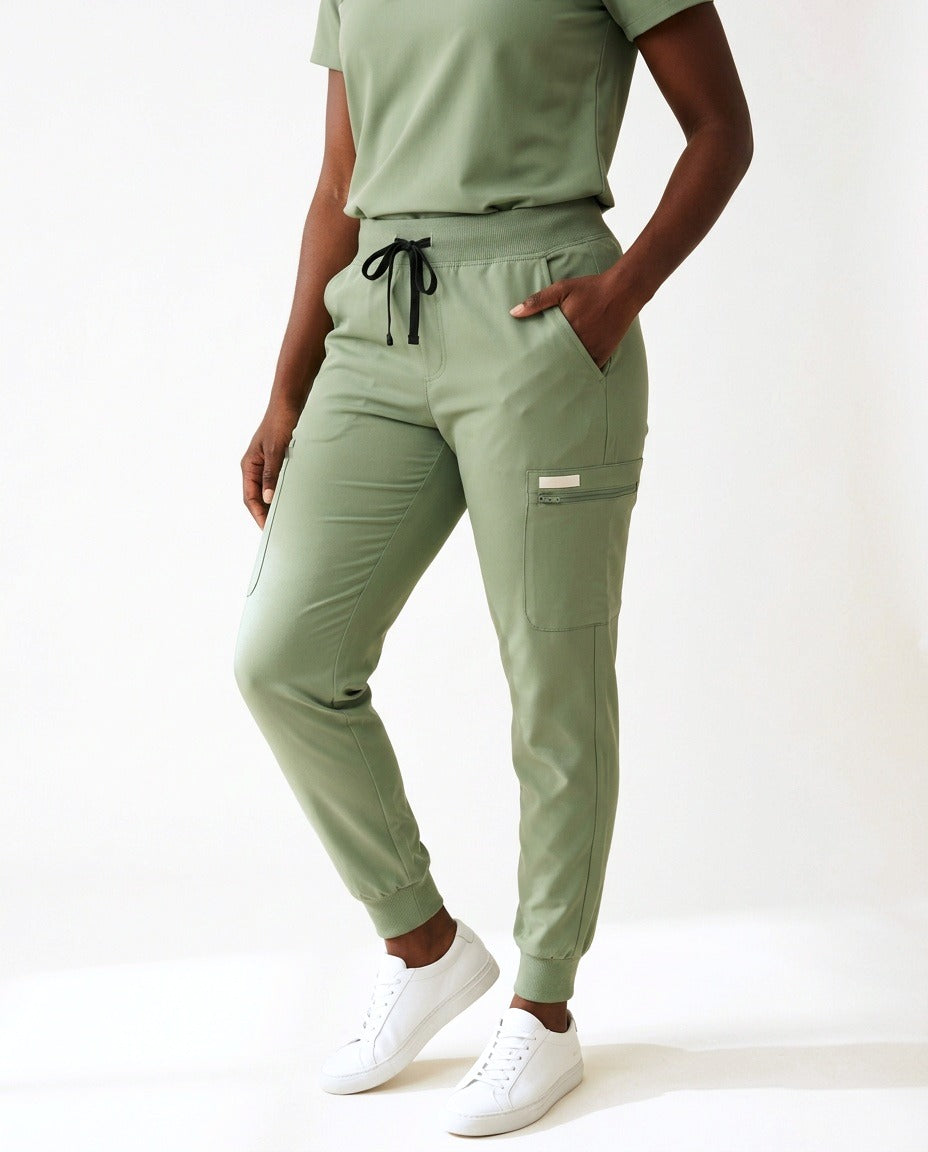 Women's Motive jogger pants scrubs in Matcha – front view | Threadicine